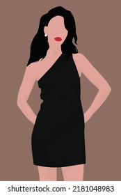 Brunette with red lips in a black short dress. Vector flat image of an attractive girl in a short black dress. Design for postcards, avatars, posters, backgrounds, templates, textiles.