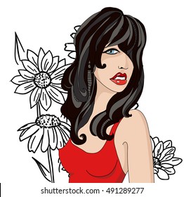 Brunette In Red On A Background Of Black Flowers. Vector illustration