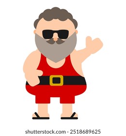 Brunette Santa Claus wearing sleeveless shirt, sunglasses and slippers during summer Christmas season. Brazilian latin america warm weather celebration. Editable EPS vector flat icon.