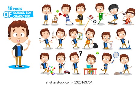 Brunette schoolboy in black shirt. Full length front and three quarter view. Guy in different poses and situations: walks, does sport, cleans, plays, takes selfie. Ready to use cartoon set on white.