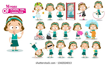 Escolar de brunette con vestido verde. Delantero de longitud completa, vista de tres cuartos. Niña en diferentes poses y situaciones: hace deporte, ahorra, juega, reza, camina. Listo para usar dibujos animados sobre blanco.