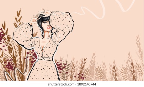 brunette in skintone dress with volume sleeves illustration