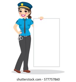 Brunette smiling police woman standing with uniform holding blank board