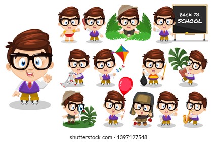 Brunette spectacled boy in school uniform. Kid in different poses and situations: combs, plays, learns. Full length front and three quater view. Ready to use cartoon vector set isolated on white.