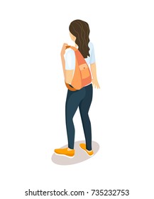 Brunette student girl in t-shirt, blue jeans and rucksack on shoulder vector illustration isolated on white background back view full length isometric design