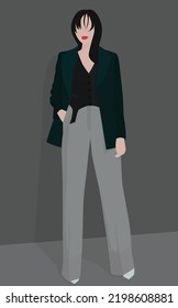 Brunette con un elegante traje de pantalones. Imagen vectorial plana de una chica con una chaqueta, pantalones y un chaleco. Diseño para avatares, carteles, pancartas, plantillas, textiles, postales.