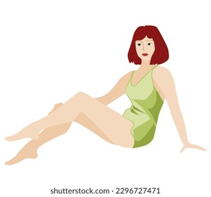 A brunette in sunglasses is relaxing on the beach. Vector illustration of a girl . The woman is dressed in a fashionable swimsuit