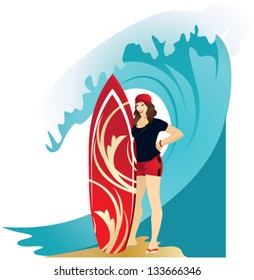 Brunette with a surfboard