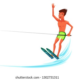 Brunette tanned man waterskiing in beautiful ocean