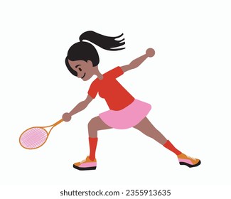 Brunette tennis athlete holding a tennis racquet, Sport. Fun flat character. Vector illustration isolated on white background.