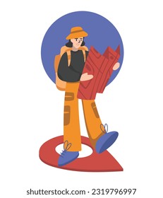 Brunette tourist woman with backpack looking for way on paper map. Summer vacation trip. Travel agency tour. Discovering new places. Adventure tourist and traveler. Vector