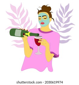 Brunette In A T-shirt And A Cosmetic Mask Pours Champagnewine Into A Glass. Woman Prepares An Alcoholic Drink. House Party. Friday. She Spends The Evening At Home. A Beautiful Girl. Vector.