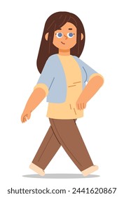 Brunette walking woman in casual clothes on isolated background. Vector cartoon character