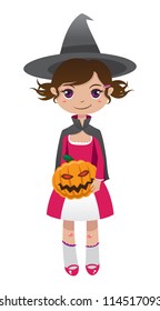 brunette witch with pumpkin in the hands. vector illustration