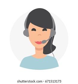 Brunette woman 24h all the time customer support center via phone. mail operator service icons concept.