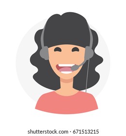 Brunette woman 24h all the time customer support center via phone. mail operator service icons concept.