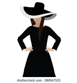 Brunette woman in black little dress and elegant floppy hat vector illustration