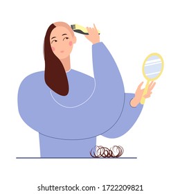 Brunette  woman cartoon character shaving her own hair holding trimmer. Girl  looking into a mirror on her half shaved head while making self haircut. 