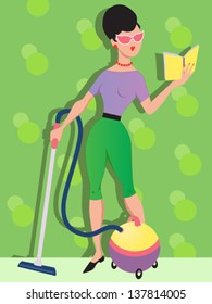Brunette woman dressed in 1960s style clothes and sunglasses vacuuming and reading a book at the same time. Vector illustration