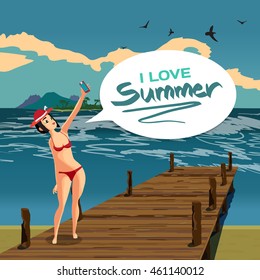 Brunette woman dressed in red swimsuit and hat is standing on old wooden pier and makes selfie. Girl on the beach in bikini with smartphone. Vector cartoon flat illustration