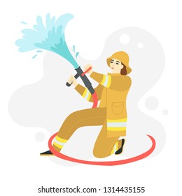 Brunette woman with a fire hose in hands extinguishes a fire. Vector flat cartoon illustration