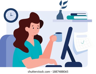 Brunette woman freelancer working at pc. Concept of video conference, online meeting and remote work from home. Flat design Illustration. Vector.