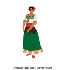 Brunette Woman Full Length Portrait In Traditional Mexican Costume, Flat Vector Illustration Isolated On White Background. Mexican Woman In Historical Folk Dress.