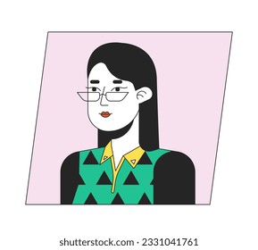 Brunette woman in glasses with short hair flat color cartoon avatar icon. Editable 2D user portrait linear illustration. Isolated vector face profile clipart. Userpic, person head and shoulders