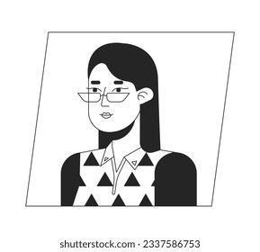 Brunette woman in glasses with short hair black white cartoon avatar icon. Editable 2D character user portrait, linear flat illustration. Vector face profile. Outline person head and shoulders