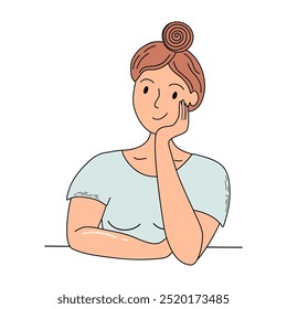 Brunette woman with hair bun sitting in pensive pose with her cheek propped up by her hand. Smiling female person makes decision or plans, waiting for something. Hand drawn vector illustration.