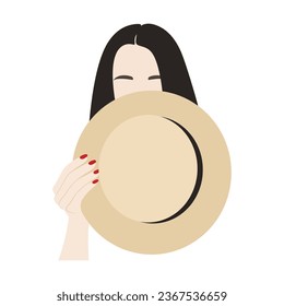 Brunette woman with hat. Flat style minimal female portrait. Hand drawn vector illustration. Graphic design, cartoon print, banner, poster, brochure, logo, card, doodle drawing, abstract silhouette.