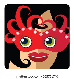 Brunette woman head icon, avatar - beauty girl wear red carnival mask. Glamour young woman smiling user picture on square button. Vector flat illustration for festival, birthday, incognito.