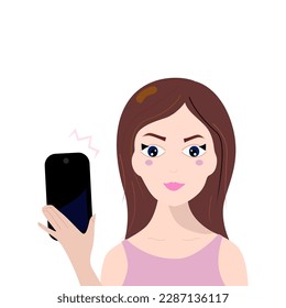 Brunette Woman holding Mobile Device and making Photo isolated on White Vector Illustration