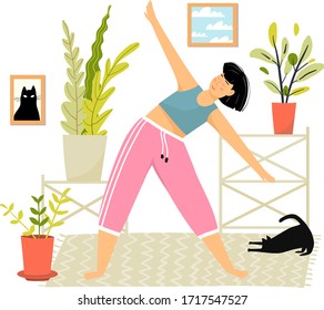 Brunette woman at home doing sports exercises or yoga with cute black cat near houseplants, pictures on walls and mat or rug on floor. Cozy house interior on white background, vector illustration.