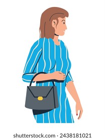 Brunette Woman in Long Dress Isolated on White. Modern Women with Bag is Walking. Adult Female Character, Bussinesswoman in Casual Dress. Walking Girl. Cartoon Flat Vector Illustration