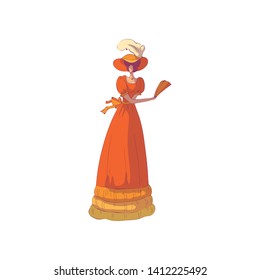 Brunette woman in a long orange old-fashioned dress with a fan in her hands. Vector illustration on white background.