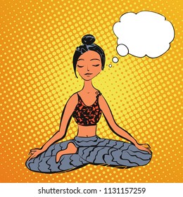 Brunette woman in lotus yoga pose. Pop art vector comics style illustration for healthcare design with blank space for text.