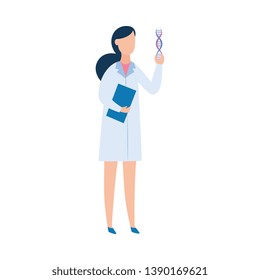 Brunette woman in a medical gown, a doctor or a scientist holding a DNA. Woman geneticist and scientist explores DNA and genes. The concept of the sequencing of the genome, flat vector illustration.