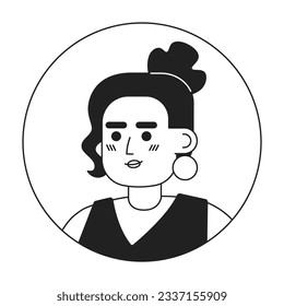 Brunette woman monochrome flat linear character head. Lady with golden earings and bun hairstyle. Editable outline hand drawn human face icon. 2D cartoon spot vector avatar illustration for animation