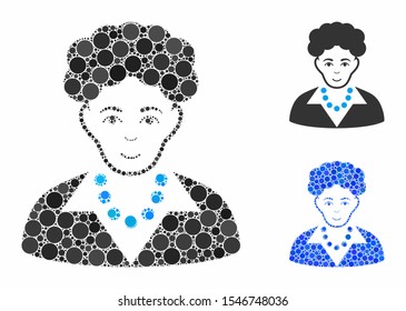 Brunette woman mosaic of circle elements in different sizes and color tints, based on brunette woman icon. Vector circle elements are combined into blue collage.