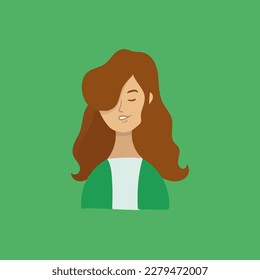 Brunette woman on a green background. Long hair and green sweatshirt. Face is peaceful, vector song.