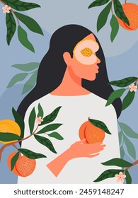 A brunette woman in a peach garden holds a ripe fruit in her hand. Vector.