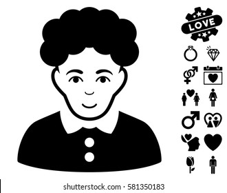 Brunette Woman pictograph with bonus marriage images. Vector illustration style is flat iconic black symbols on white background.