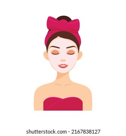 Brunette Woman with a Pink Clay Mask on Face. Skin Care. Portrait of Lady in a Red Towel and Headband with a Bow on head. Female Character with smile. Color cartoon style. White background.  Vector.