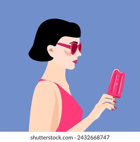 Brunette woman in pink dress and pink glasses with ice cream. Blue background. Summer illustration girl in swimwear. Looks for a summer vacation with desserts