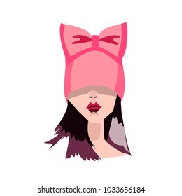 Brunette woman in the pink hat with bow.