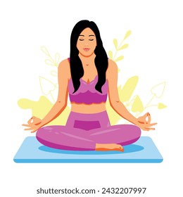 A brunette woman in a pink uniform does yoga while sitting in the lotus position. Take care of your mental health. Illustration for international yoga day. Element for web design, postcards. EPS10
 svg