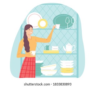 Brunette woman places the plates on the shelf. Housework concept. Vector illustration for banners, posters, postcard . Cartoon style