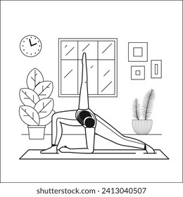 Brunette woman practicing yoga at home. Girl doing fitness exercises on yoga mat in living room cozy interior with window and plants. Home workout healthy lifestyle line art scene.