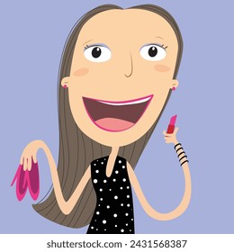 Brunette woman putting on makeup and getting dressed with lipstick and high heels. Vector Illustration.